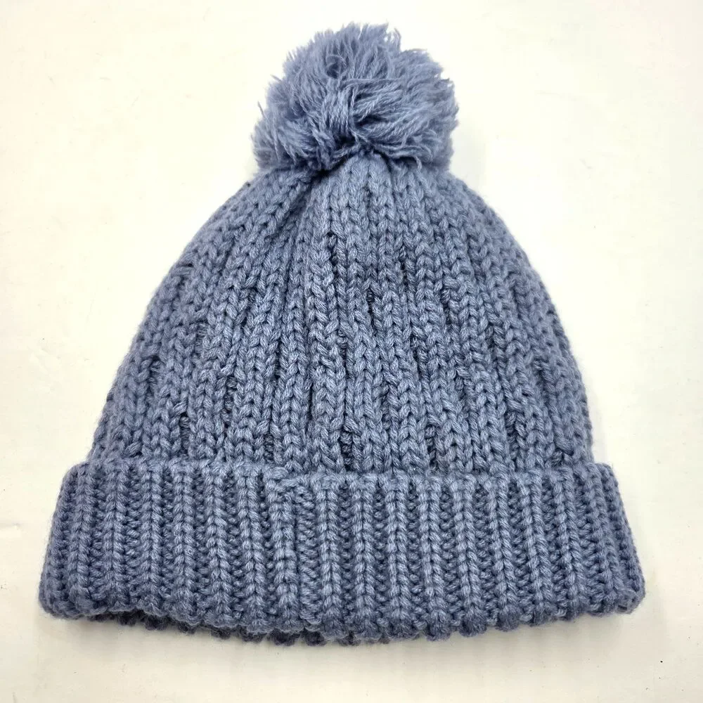 Billabong Knit Beanie Pom Pom Blue Cable Stitch Fleece Lined Folded Cuff Logo